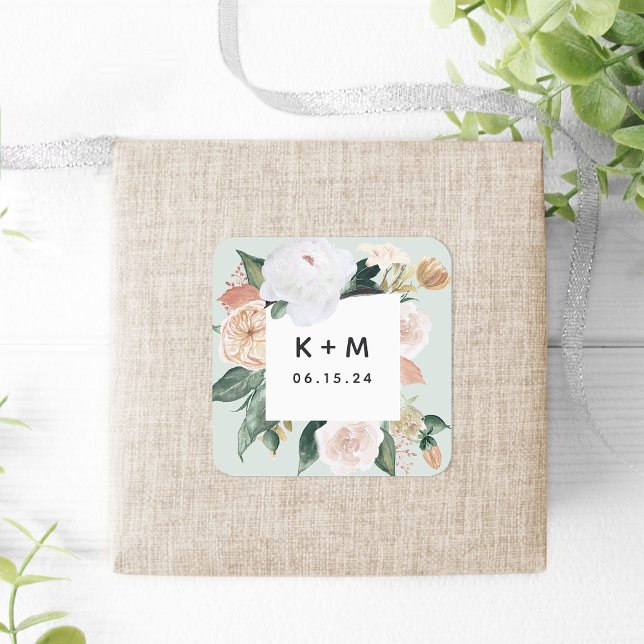 Pegatina Cuadrada Boho florece Boda floral moderno Monograma (Subido por el creador)