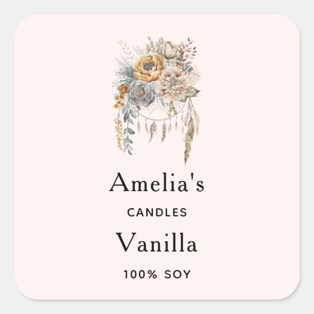 Pegatina Cuadrada Boho Flowers and Dreamcatcher - Candle Business (Anverso)