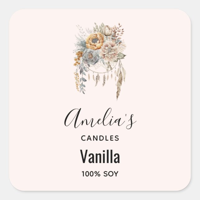 Pegatina Cuadrada Boho Flowers and Dreamcatcher - Candle Business (Anverso)