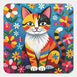 Pegatina Cuadrada Boho Folk Art Cat, Flowers & Butterfly  