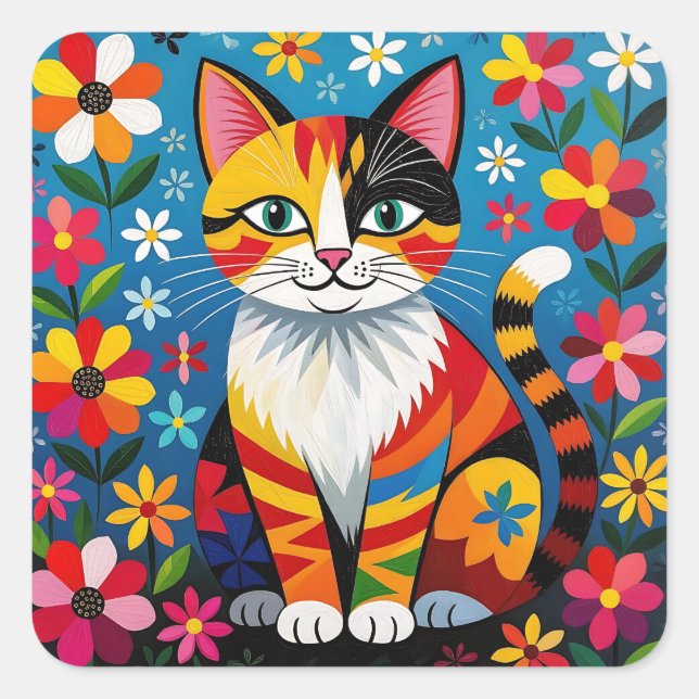 Pegatina Cuadrada Boho Folk Art Cat, Flowers & Butterfly   (Anverso)