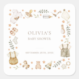 Pegatina Cuadrada Boho Género Neutral Vintage Baby Clothes Shower