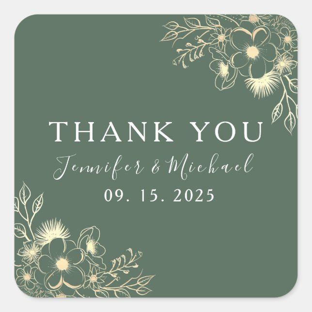 Pegatina Cuadrada Boho Green Boda Gracias (Anverso)