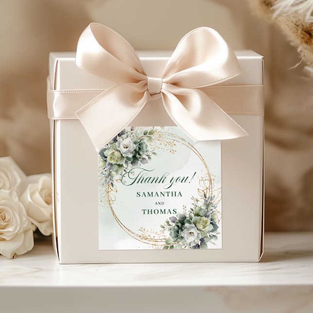 Pegatina Cuadrada Boho Greenery Stickers de Agradecimiento Boda Oro (Boho Greenery Thank You Stickers Gold Wedding)