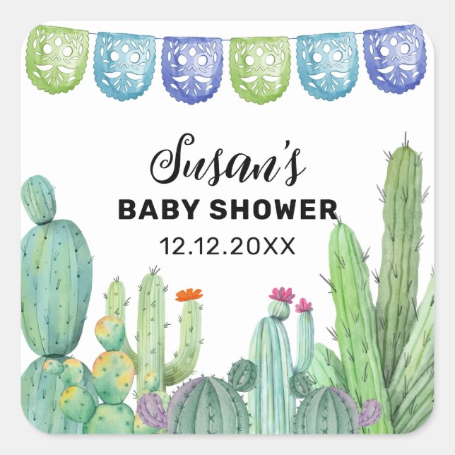 Pegatina Cuadrada Boho Greenery Taco Fiesta Cactus Baby Shower (Anverso)