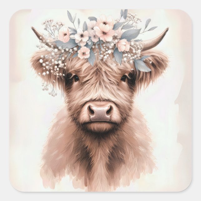 Pegatina Cuadrada Boho Highland Cow con floral corona de novia (Anverso)