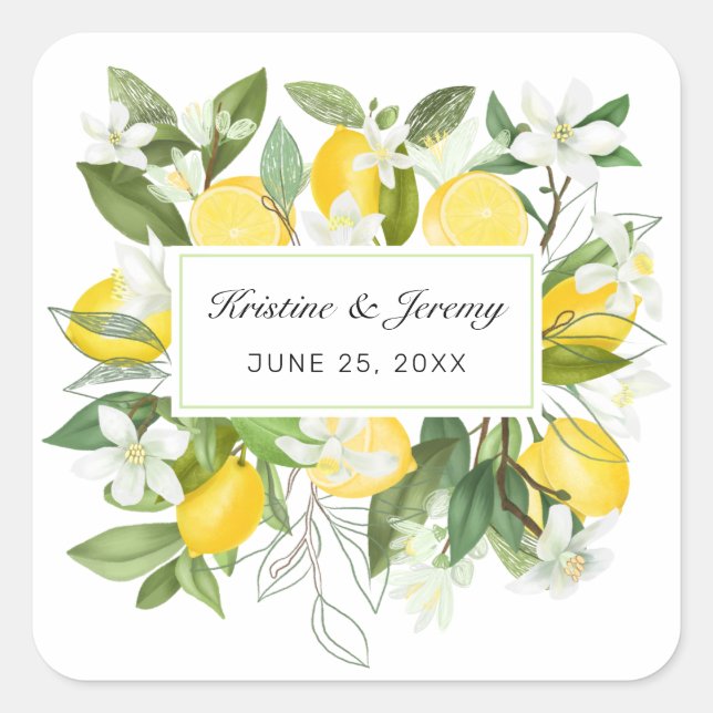 Pegatina Cuadrada Boho Lemons Watercolor Floral Greeneration Boda (Anverso)