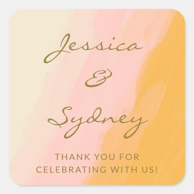 Pegatina Cuadrada Boho Moda acuarela Boda amarillo rosado Gracias (Anverso)