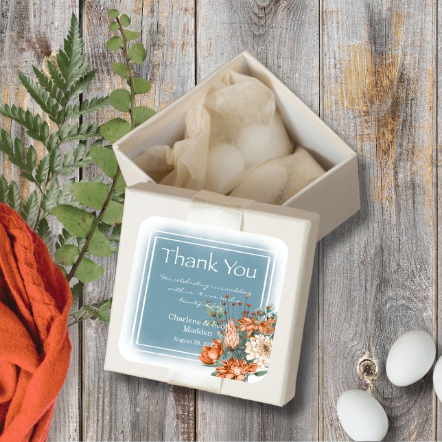 Pegatina Cuadrada Boho Moda Naranja y Cream Flower Smokey Blue Wash (Subido por el creador)