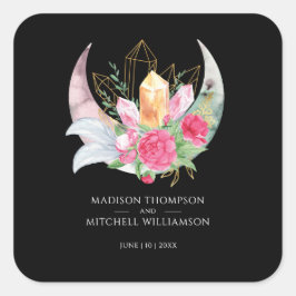 Pegatina Cuadrada Boho Moon Crystals Feathers Pink Flowers Boda