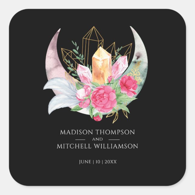 Pegatina Cuadrada Boho Moon Crystals Feathers Pink Flowers Boda (Anverso)