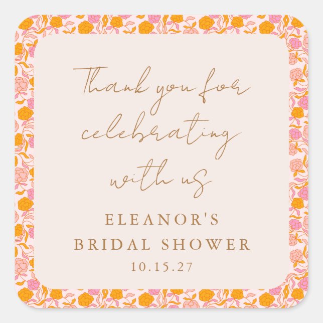 Pegatina Cuadrada Boho Naranja Rosa Floral Bridal Shower (Anverso)