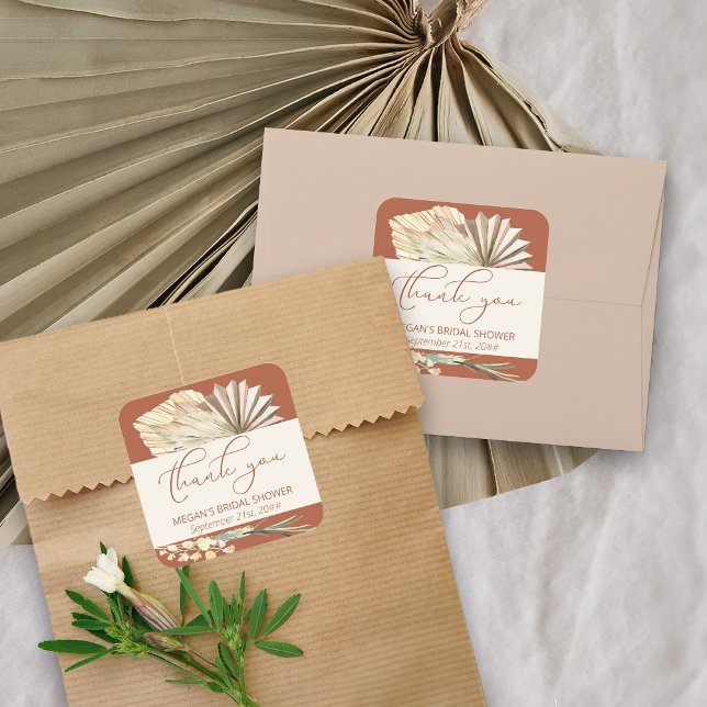 Pegatina Cuadrada Boho Palm Dried Foliage Terracotta Gracias (Thank you stickers from my Boho Palm Bridal Shower Collection)