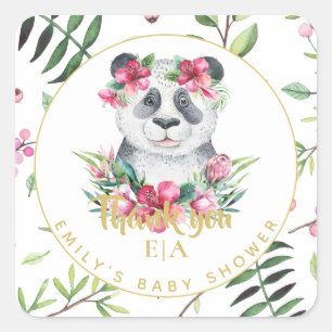 Pegatina Cuadrada Boho Panda Bear Flores Rosa Baby Shower Gracias