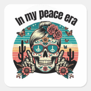 Pegatina Cuadrada Boho Peace Era Skull – Retro Desert Floral Design"