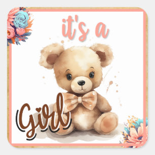 Pegatina Cuadrada Boho Pink Bear Baby Shower