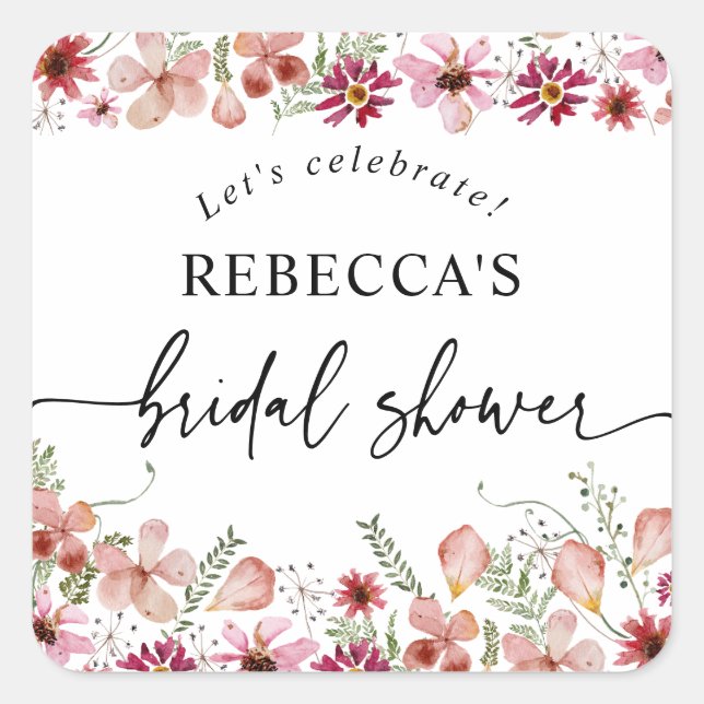 Pegatina Cuadrada Boho Pink Floral Bridal Shower Redondo  (Anverso)