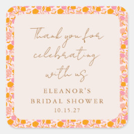 Pegatina Cuadrada Boho Pink Naranja Floral Agradecimiento Despedida 