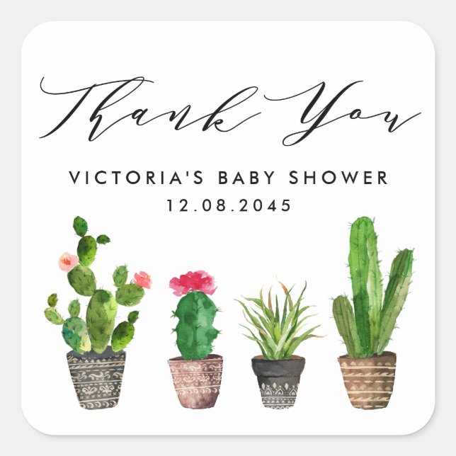 Pegatina Cuadrada Boho Potted Cactus Baby Shower Gracias (Anverso)