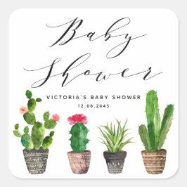 Pegatina Cuadrada Boho Potted Succulents y Cactus Baby Shower