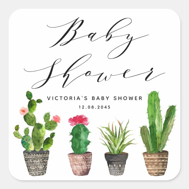 Pegatina Cuadrada Boho Potted Succulents y Cactus Baby Shower (Anverso)