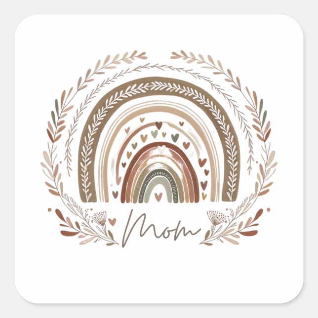Pegatina Cuadrada Boho Rainbow Mom – Earthy Tones Mother's Day Desig (Anverso)