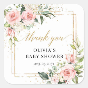 Pegatina Cuadrada Boho Rubor color rosa eucalipto oro Baby Shower