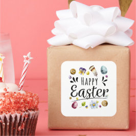 Pegatina Cuadrada Boho Rustic Watercolor Feliz Pascua