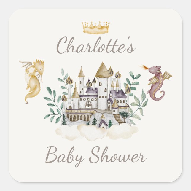 Pegatina Cuadrada Boho Storybook Dragon Baby Shower Favor (Anverso)