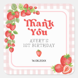 Pegatina Cuadrada Boho Strawberry Berry Primer Cumpleaños Gracias