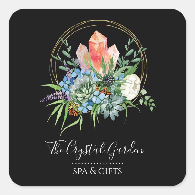 Pegatina Cuadrada Boho Succulers Flores Bóquet Cristales Acuarela (Anverso)