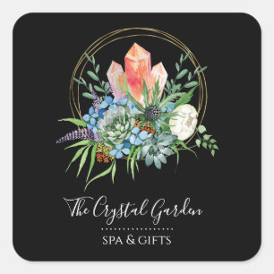 Pegatina Cuadrada Boho Succulers Flores Bóquet Cristales Acuarela