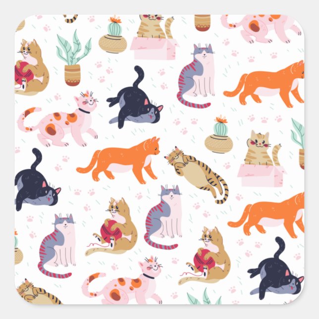 Pegatina Cuadrada Boho Summer Cute Cats Green Cactus (Anverso)