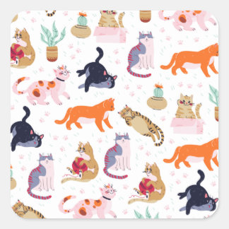 Pegatina Cuadrada Boho Summer Cute Cats Green Cactus