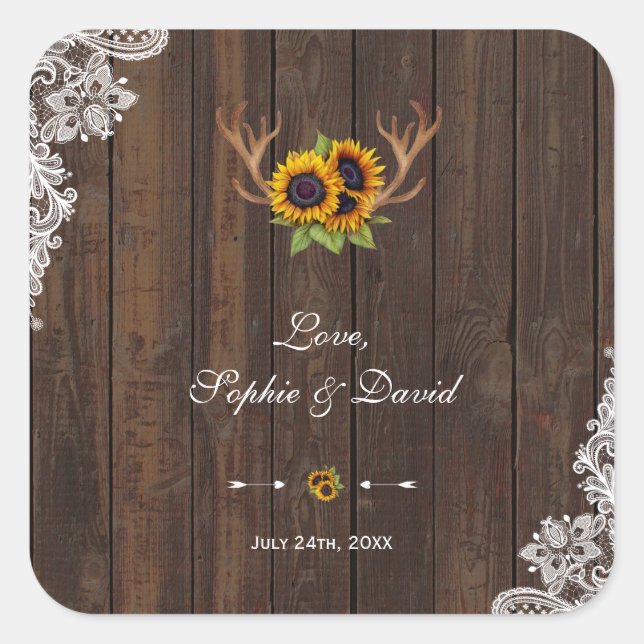 Pegatina Cuadrada Boho Sunflowers Antlers Wood Lace Boda (Anverso)