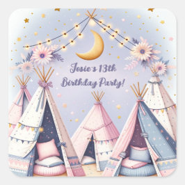 Pegatina Cuadrada Boho Teepee Girly Sleepover Slumber Fiesta
