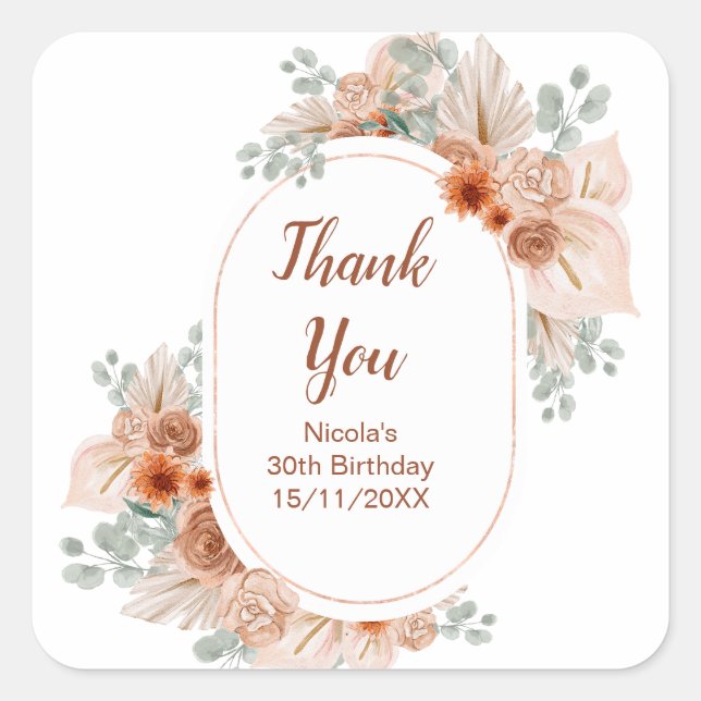 Pegatina Cuadrada Boho Terracotta Pampas Grass Birthday (Anverso)