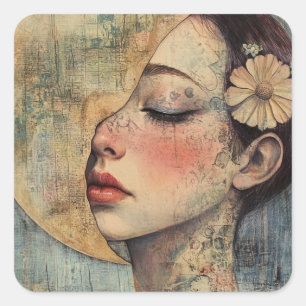 Pegatina Cuadrada Boho Vintage Woman y Half Moon