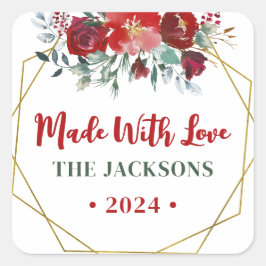 Pegatina Cuadrada Boho Watercolor Navidades Wreath Family Name