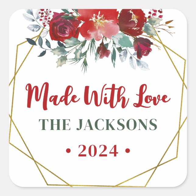 Pegatina Cuadrada Boho Watercolor Navidades Wreath Family Name (Anverso)