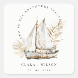 Pegatina Cuadrada Boho Watercolor Palm Sailboat Seascape Boda