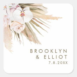 Pegatina Cuadrada Boho Watercolor Pampas Favor de Boda Grass