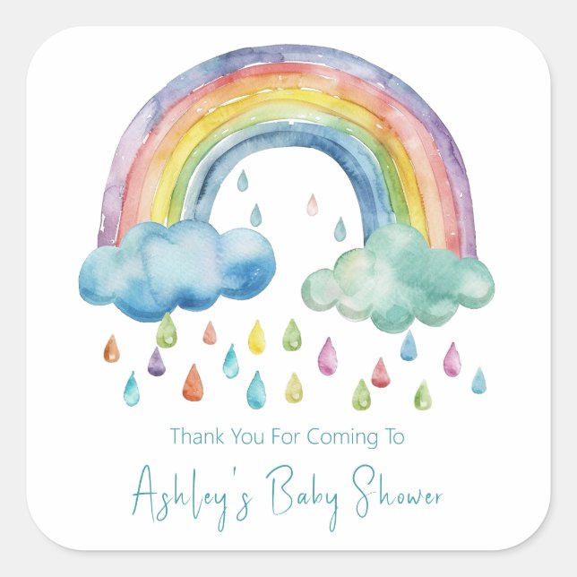 Pegatina Cuadrada Boho Watercolor Rainbow Baby Shower (Anverso)