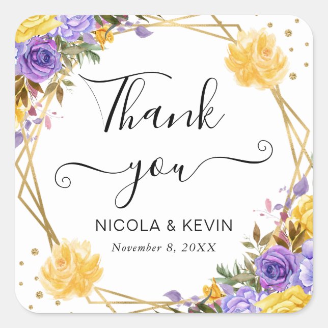 Pegatina Cuadrada Boho Watercolor Spring Flowers Gold Frame Boda (Anverso)