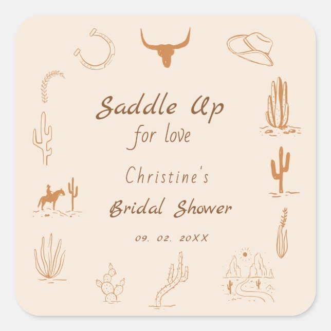 Pegatina Cuadrada Boho Western Saddle up Cowboy Bridal (Anverso)