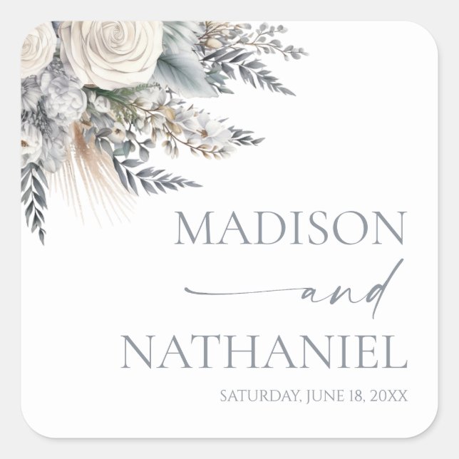 Pegatina Cuadrada Boho White Rose Flor Floral Boda Jardín (Anverso)