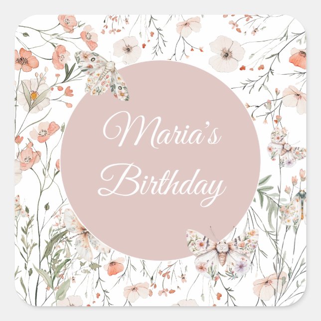Pegatina Cuadrada Boho Wildflower Floral Bebé cumpleaños (Anverso)