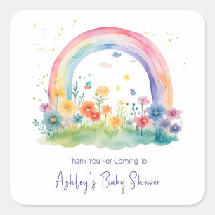 Pegatina Cuadrada Boho Wildflower Rainbow Baby Shower