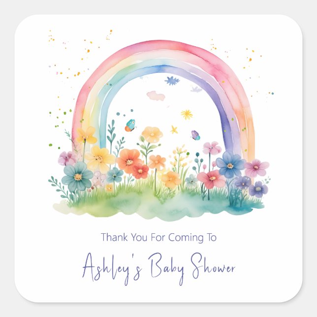 Pegatina Cuadrada Boho Wildflower Rainbow Baby Shower (Anverso)