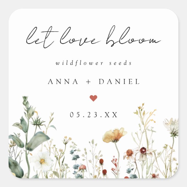 Pegatina Cuadrada Boho Wildflower Seeds Wedding Favor (Anverso)